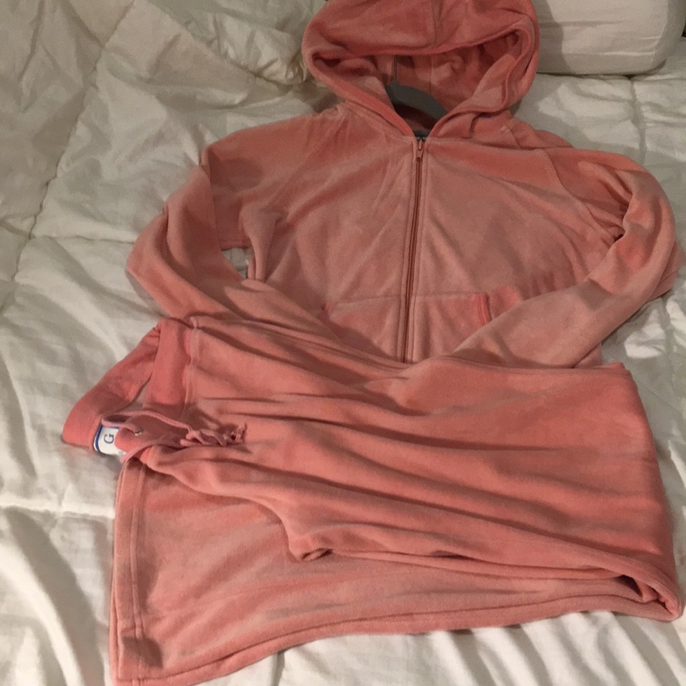 Coral color Velour Zip up hooded jacket 2 pc set